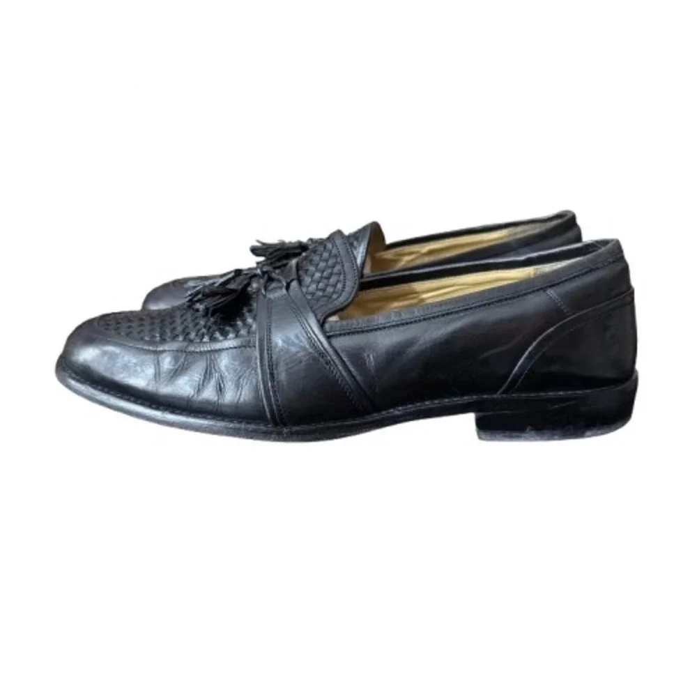 Johnston & Murphy 10.5 Black Leather Woven Tassel Loafer Shoes Mens Preppy - Picture 2 of 10